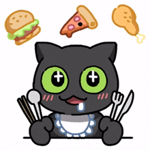 black cat green eyes hungry hamburger