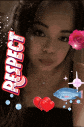 a woman 's face is surrounded by hearts and a fish and the word respect is above her