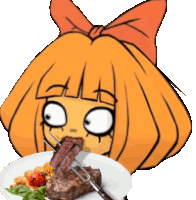 a cartoon girl with a bow on her head is eating a steak