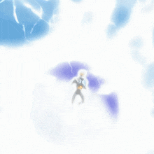 a cartoon character in a blue and white suit is running