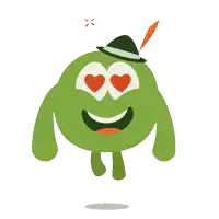 a cartoon character with hearts in his eyes and a feather in his hat