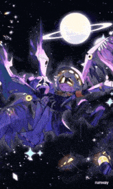 a drawing of a person flying through the air with a planet in the background