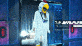 a person in a chicken costume is standing in front of a sign that says ' dashball '
