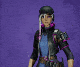 a video game character with a purple background and a purple belt with a pink circle on it