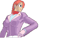 a cartoon drawing of a woman in a purple jacket pointing