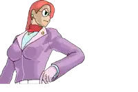 a cartoon drawing of a woman in a purple jacket pointing