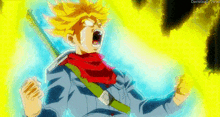 a cartoon character is holding a sword in his hand and screaming while holding his fist in the air .