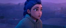 a cartoon girl with blue hair is wearing a hoodie and looking at the camera with a surprised look on her face .