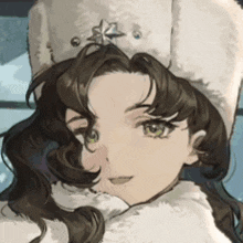 a close up of a girl wearing a hat and a fur coat