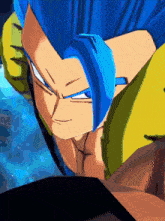 a close up of a cartoon character with blue hair and yellow arms