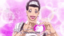 a man in a maid outfit is holding a pink heart in his hands .