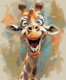 a cartoon giraffe is smiling with its mouth open and a big smile on its face .