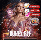 a woman in a pink dress with the name honey bee written on it