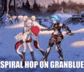 two anime girls are dancing in the snow with the words spiral hop on granblue written below them