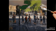 a painting of people walking across a street is made by animatica