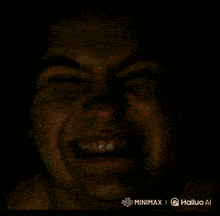 a close up of a person 's face with red lights coming out of his eyes