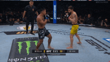 two fighters are fighting in a boxing ring with a bud light banner behind them