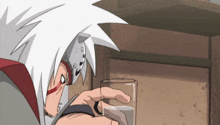a cartoon character with white hair is holding a glass