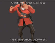a man in a red uniform is dancing with the words and it left a pearl in my head and i roll it around every night below him