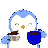 a blue penguin is pouring coffee into a blue mug