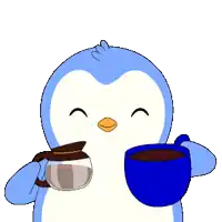 a blue penguin is pouring coffee into a blue mug