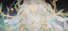 a girl with white hair and green eyes is surrounded by leaves .