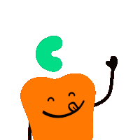 a cartoon drawing of an orange apple with a green c on top