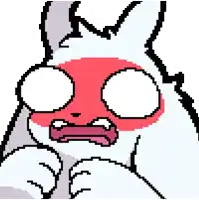a cartoon drawing of a white rabbit with black eyes and a pink cheek .