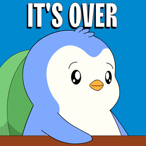 a cartoon penguin sitting at a table with the words it 's over above him