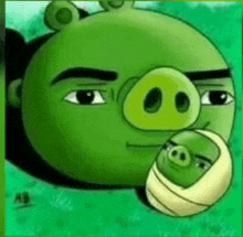 a green angry bird is holding a baby pig .