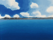 a painting of a large body of water with mountains in the distance