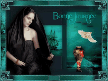 a picture of a woman and a vase with bonne journee written on it
