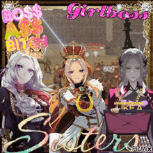 a picture of three anime girls with the words boss ass bitch and girlboss