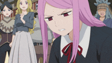 a girl with pink hair and red eyes is looking at something