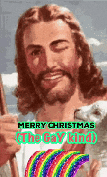 a picture of jesus with the words merry christmas the gay kind on it