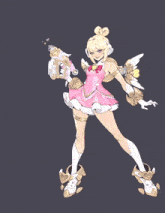 a drawing of a girl in a pink dress with a gun