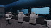 a group of robots are standing in front of a counter in a room