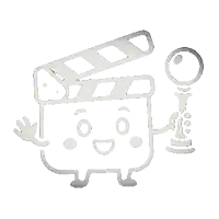 a cartoon drawing of a clapper board holding a microphone