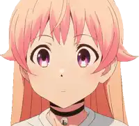a girl with pink hair and purple eyes wearing a choker