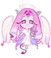 a cartoon angel with pink hair and wings is holding a harp and a crown .