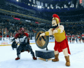 two mascots are on the ice and one has a shield and the other has a helmet