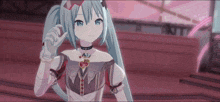 hatsune miku is wearing a choker and a heart necklace while waving at the camera .