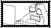 a black and white drawing of a person wearing glasses sitting in front of a computer screen .