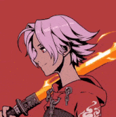 a girl with purple hair is holding a sword and wearing a red hoodie with the letter s on it