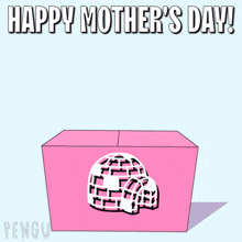 a happy mother 's day card with a penguin holding a cake and an igloo