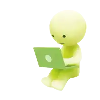 a glow in the dark figurine is using a green laptop and the words click are above it