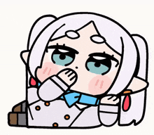 a cartoon girl with white hair and blue eyes is laying down with her hand on her chin and a heart next to her .