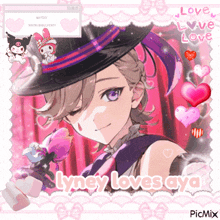 a picture of a girl with a hat and the words lyney loves aya