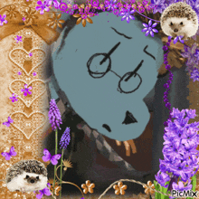 a picture of a hedgehog surrounded by purple flowers and a picture of a blue bear with glasses
