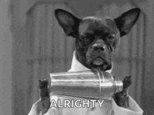 a black and white photo of a dog holding a cocktail shaker .